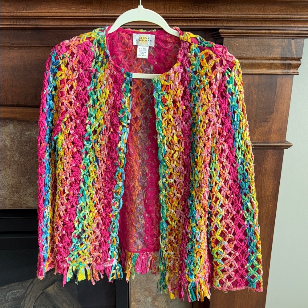 Vintage Sandy Starkman bright colorful 90s Y2K woven artsy open blazer size S